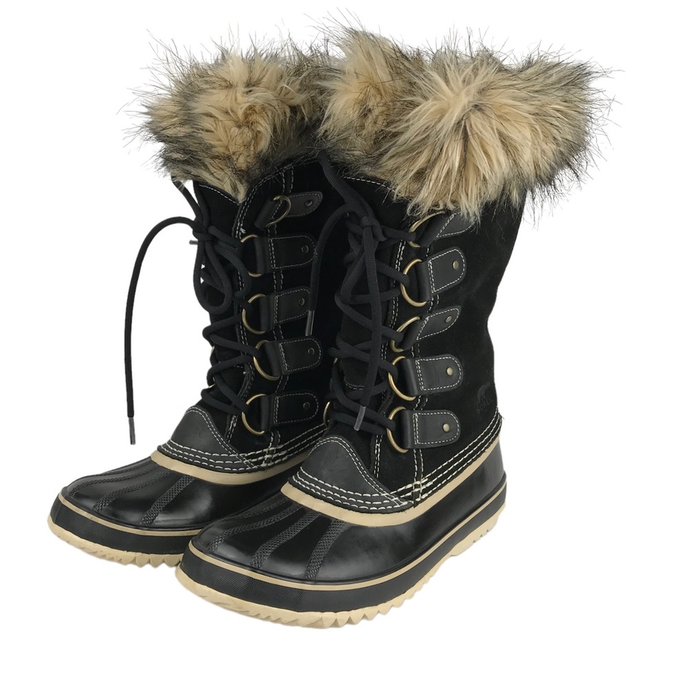 Sorel Black and Tan Faux-Fur Trim Winter Lace-Up Boots